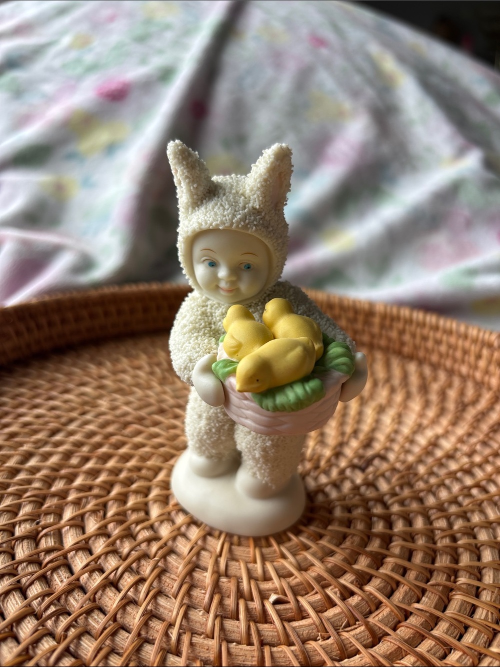 Department 56 White Flocked Bunny Figure Holding Yellow Chicks